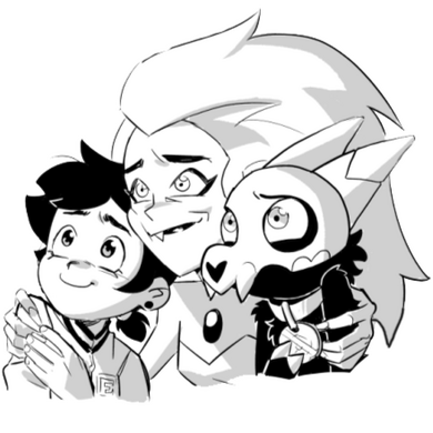 a storyboard of luz and hunter falling together. luz's arm is around hunter.