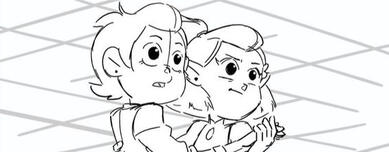 a storyboard of luz and hunter falling together. luz's arm is around hunter.